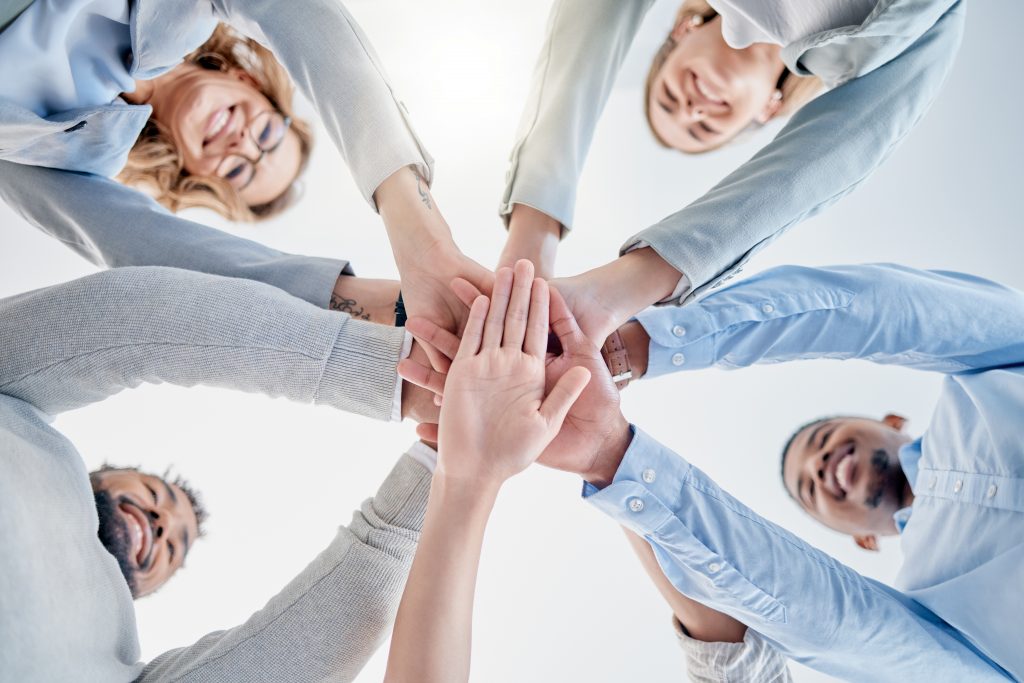 Hands together, support and teamwork people for collaboration success, staff mission and business s